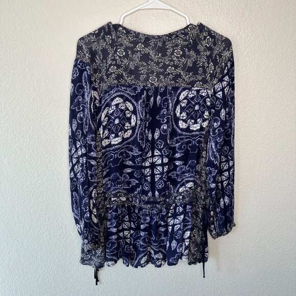 Free People Boho Printed Tunic Blouse S Button Front Long Sleeve Tie Hem Flowy R - Picture 7 of 9